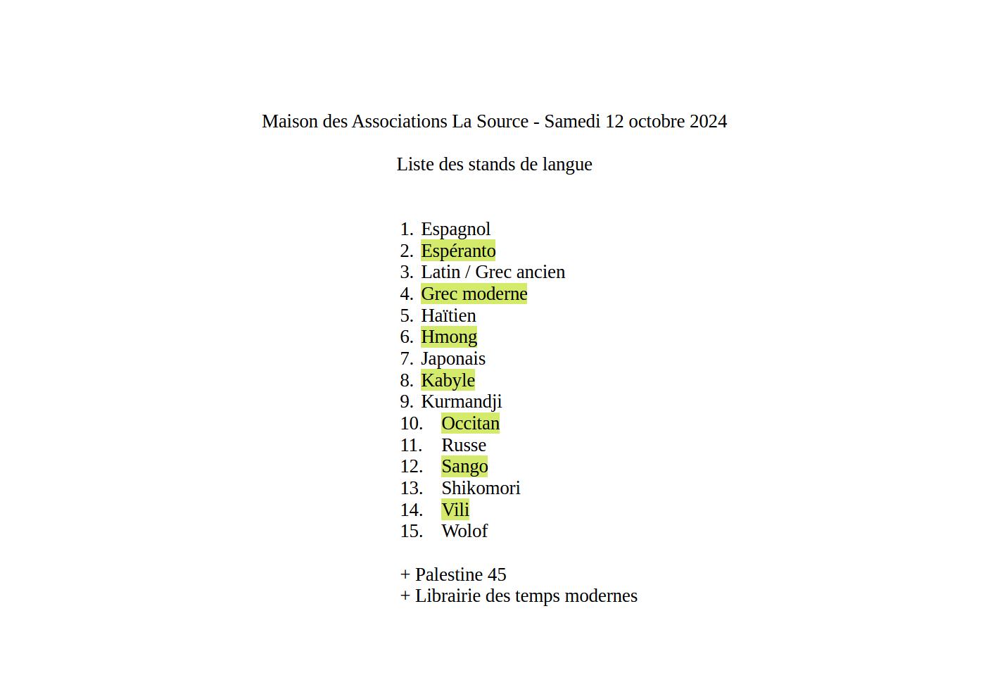 Liste des stands de langue